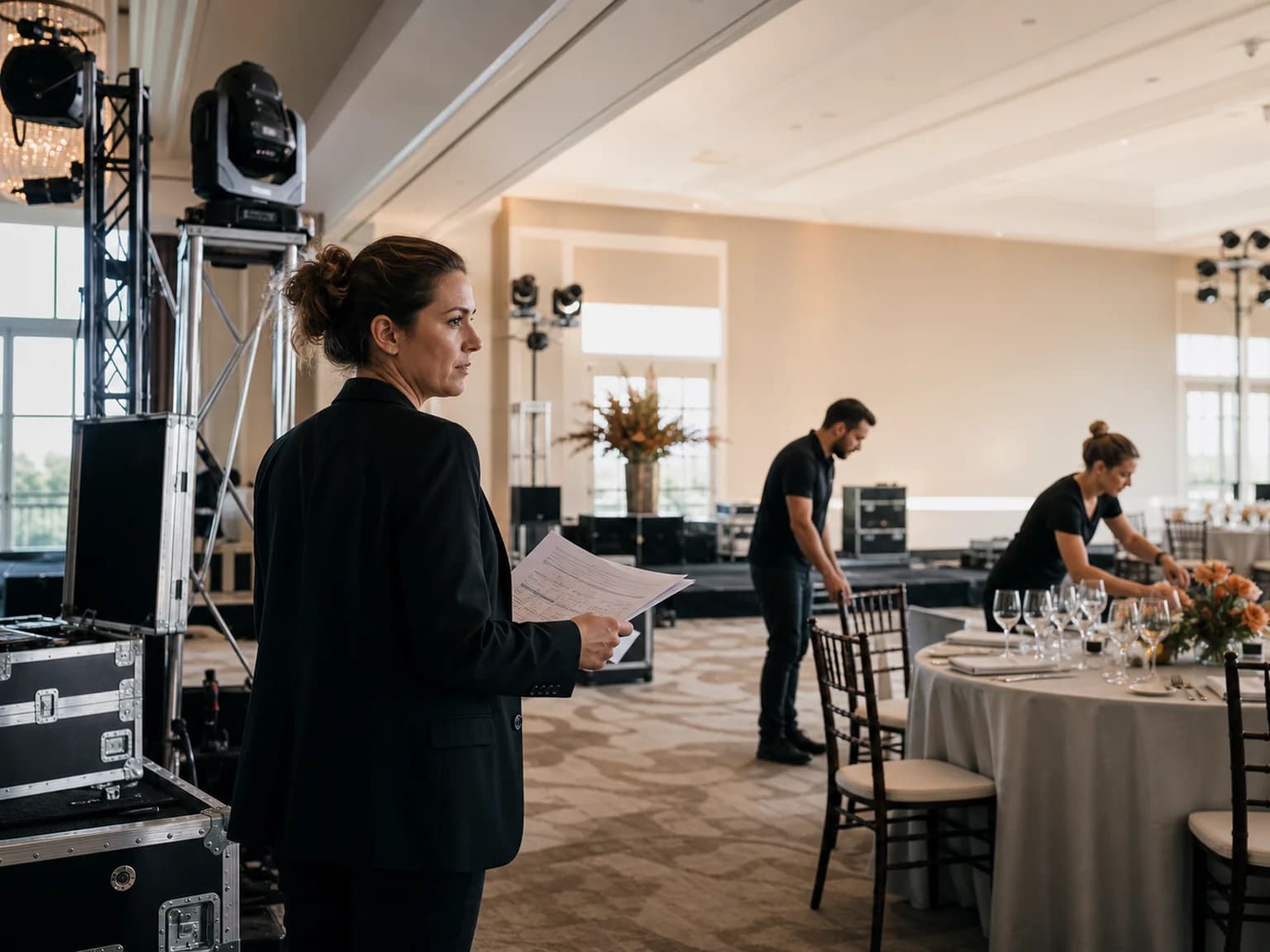 An event coordinator overseeing staff preparing a professional venue