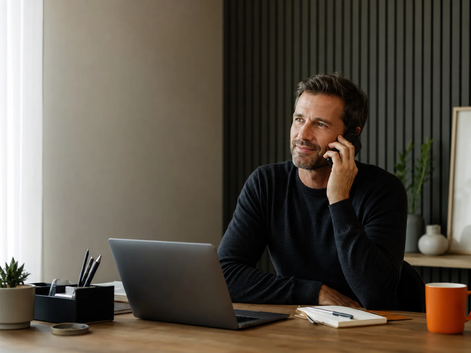 A business owner taking a call in a calm, organised workspace