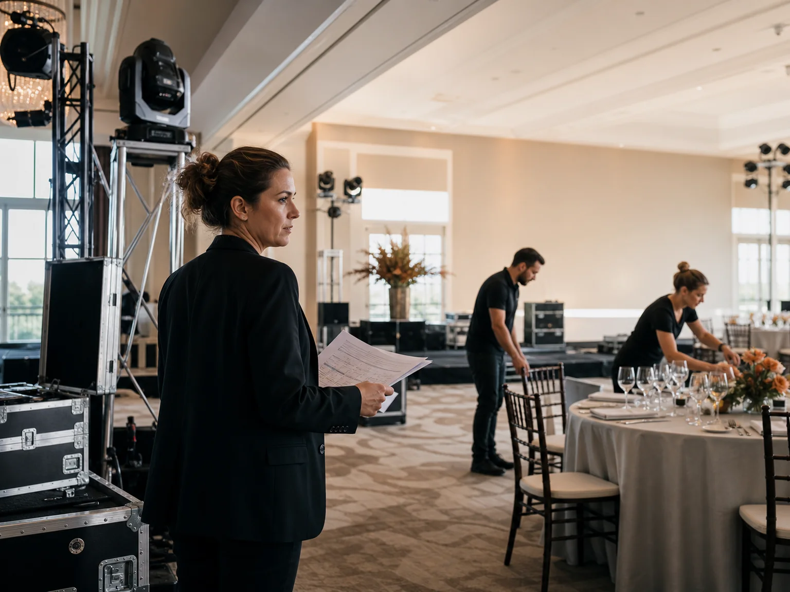 An event coordinator overseeing staff preparing a professional venue