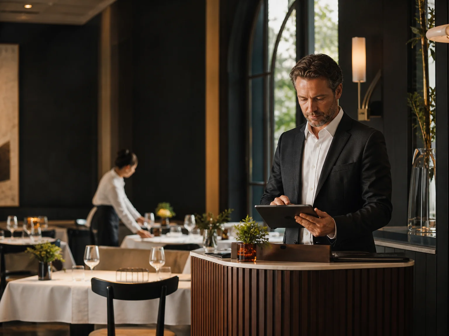 A restaurant manager checking reservations as a dining room is prepared for service