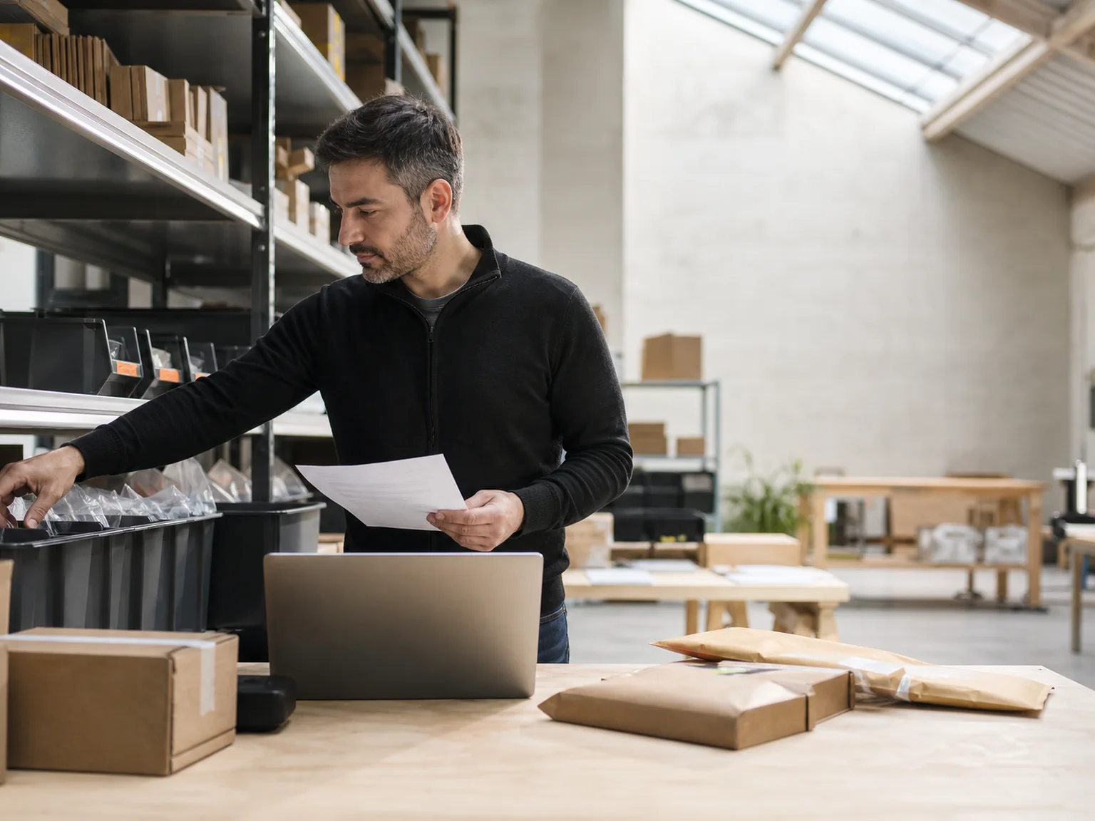 An operations manager checking physical inventory and order paperwork in a tidy warehouse