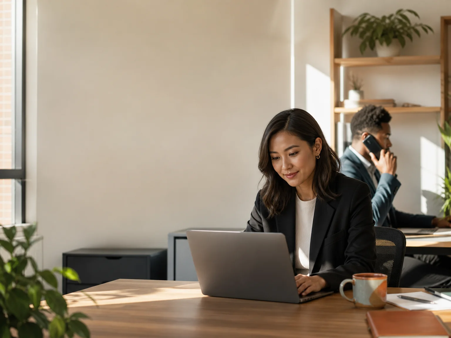 Two business professionals calmly reviewing new customer enquiries in a bright office