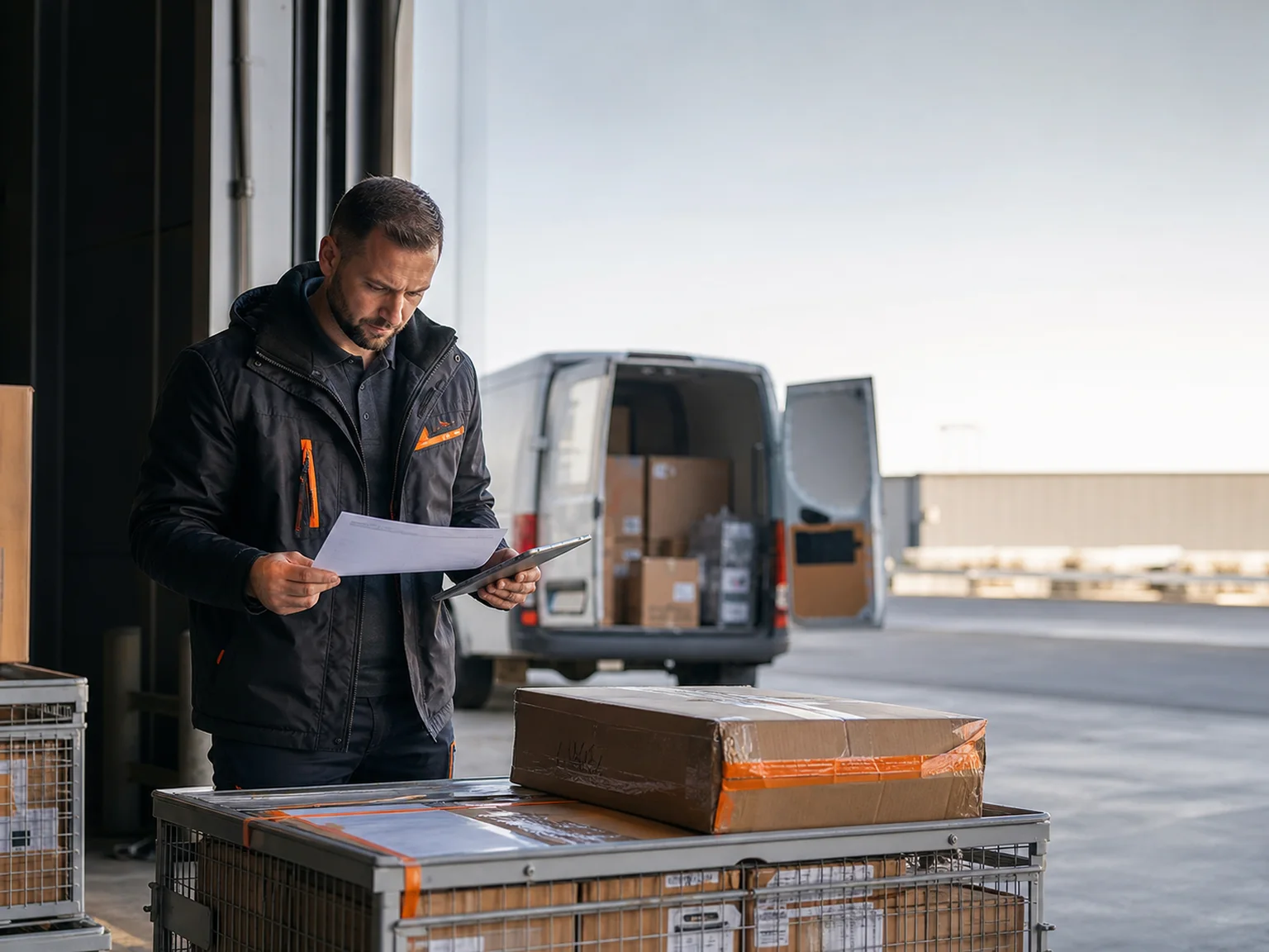 A logistics manager checking deliveries and outgoing parcels beside a loading bay