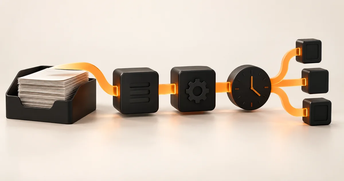 An illustrated business workflow moving from scattered tasks into one controlled automation path