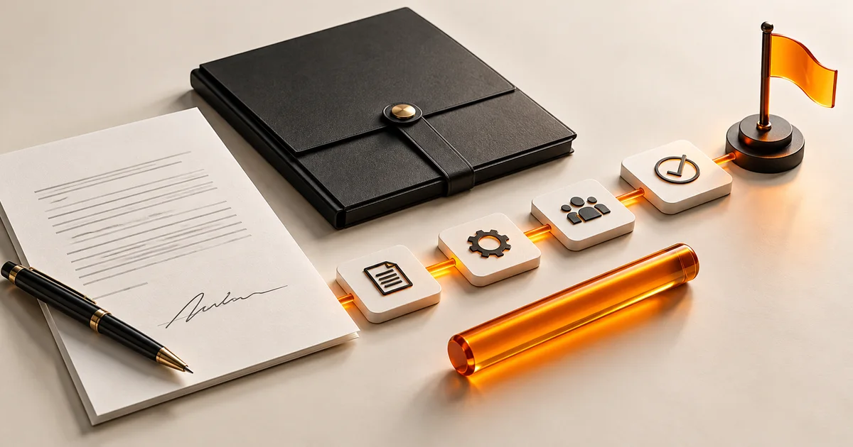An illustrated onboarding checklist connecting an approved contract, secure access, assigned owner, and kickoff milestone
